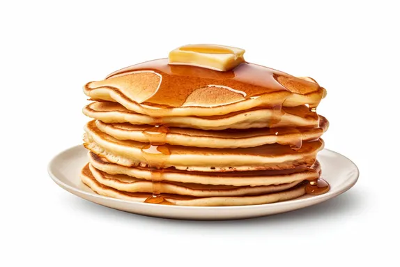 stack of pancakes on a plate with butter and syrup