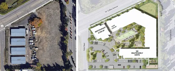 satellite image on left, showing 4 moderate-size buildngs, parked cars, and half the property open - right shows future