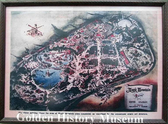 artist's rendering showng a map of Magic Mountain with it's planned amusement rides and themed parks