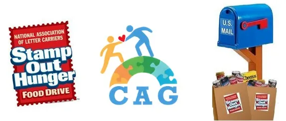 Stamp Out Hunger - mailbox with bags of groceries beneath - CAG food pantry logo
