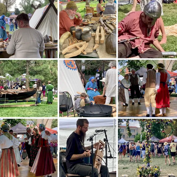 9 scenes showing people in folk costume, Viking helmut, a longboard, craftspeople, musicians, and a May pole