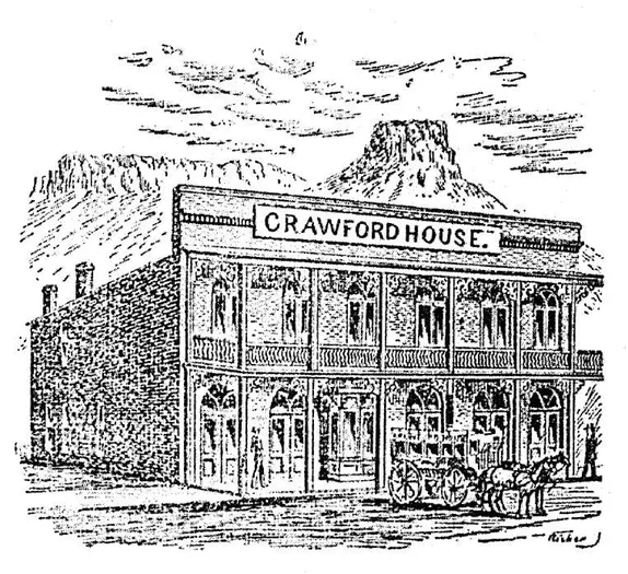 pen and ink drawing of a 2 story hotel with 2nd floor gallery - omnibus and team of horses in front - Castle Rock in back